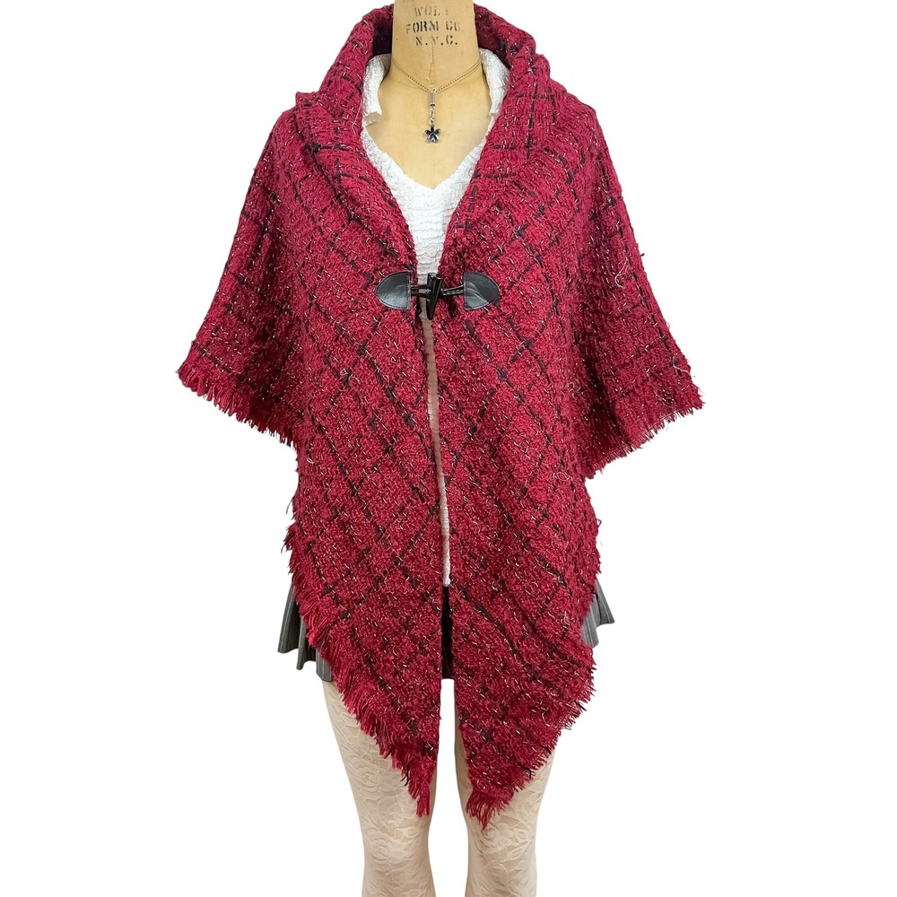 Cracker Barrel Red Plaid Poncho Fringe Toggle Shawl Wrap Dark Academia Size OS